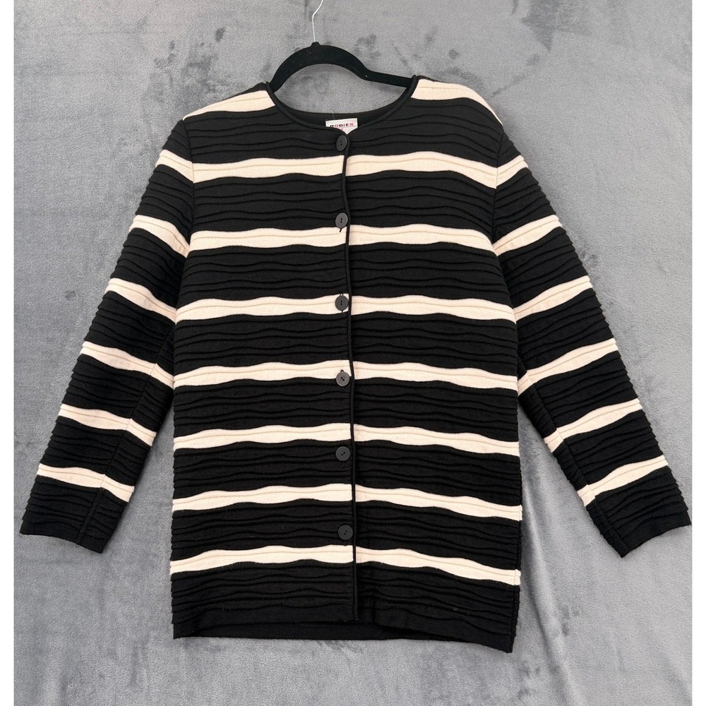 Rodier Sweater Womens Size M Wool Blend Button Front Striped Quiet Luxury Black